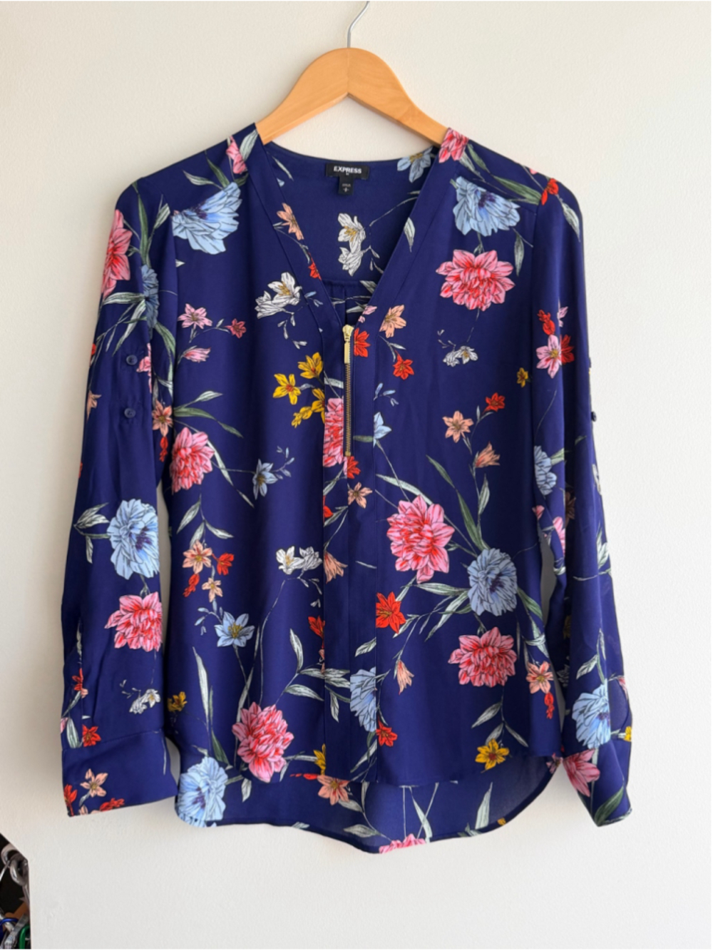 Express Navy Blue Floral Zip Front Blouse Long Sleeve Small